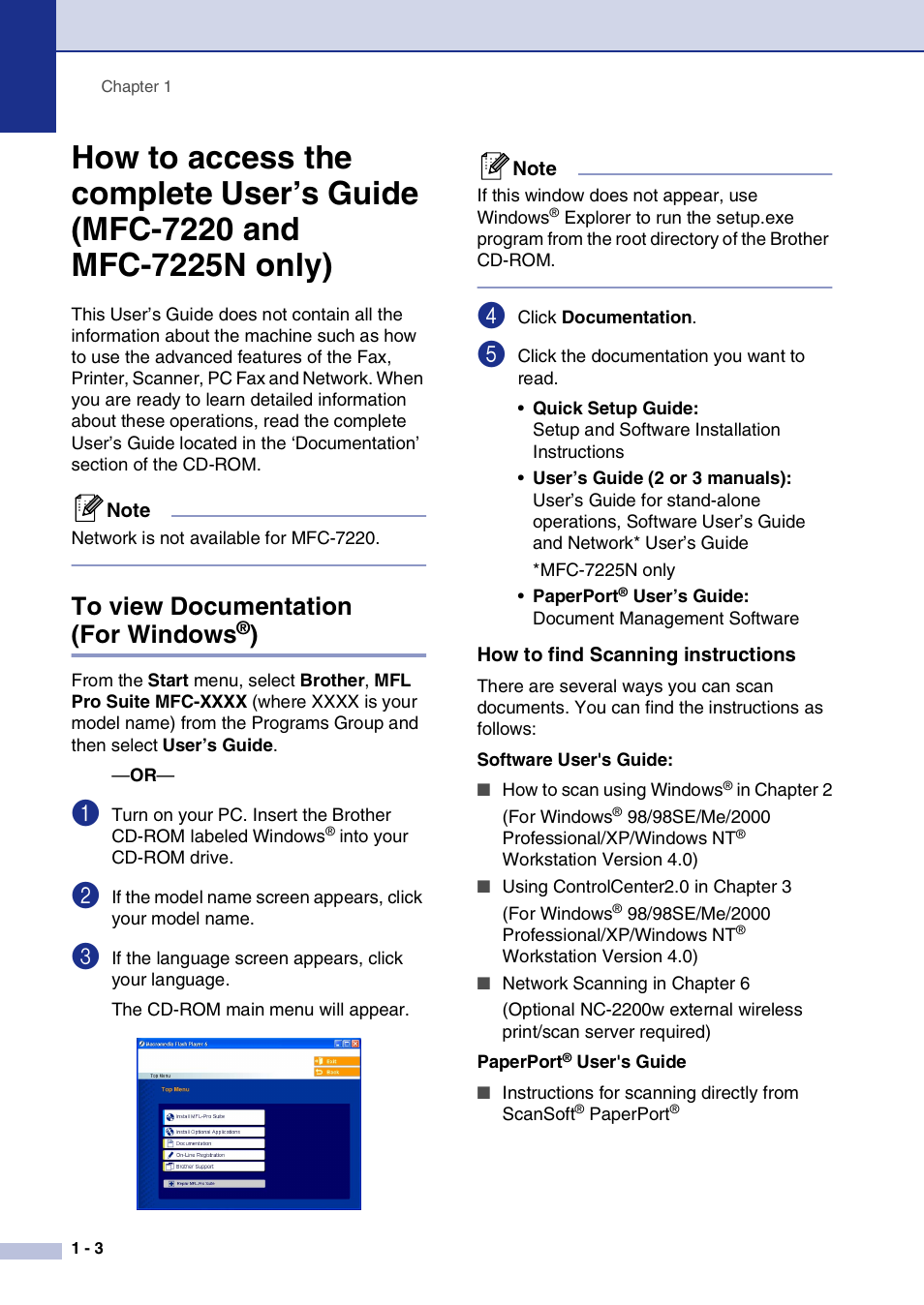 To view documentation (for windows®), How to find scanning instructions, How to access the complete user’s guide | Mfc-7220 and mfc-7225n only) -3, To view documentation (for windows, How to find scanning instructions -3 | Brother FAX2820 User Manual | Page 21 / 161