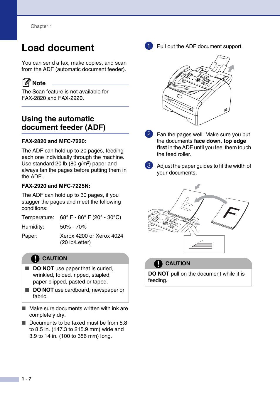 Load document, Using the automatic document feeder (adf), Load document -7 | Using the automatic document feeder (adf) -7 | Brother FAX2820 User Manual | Page 25 / 161