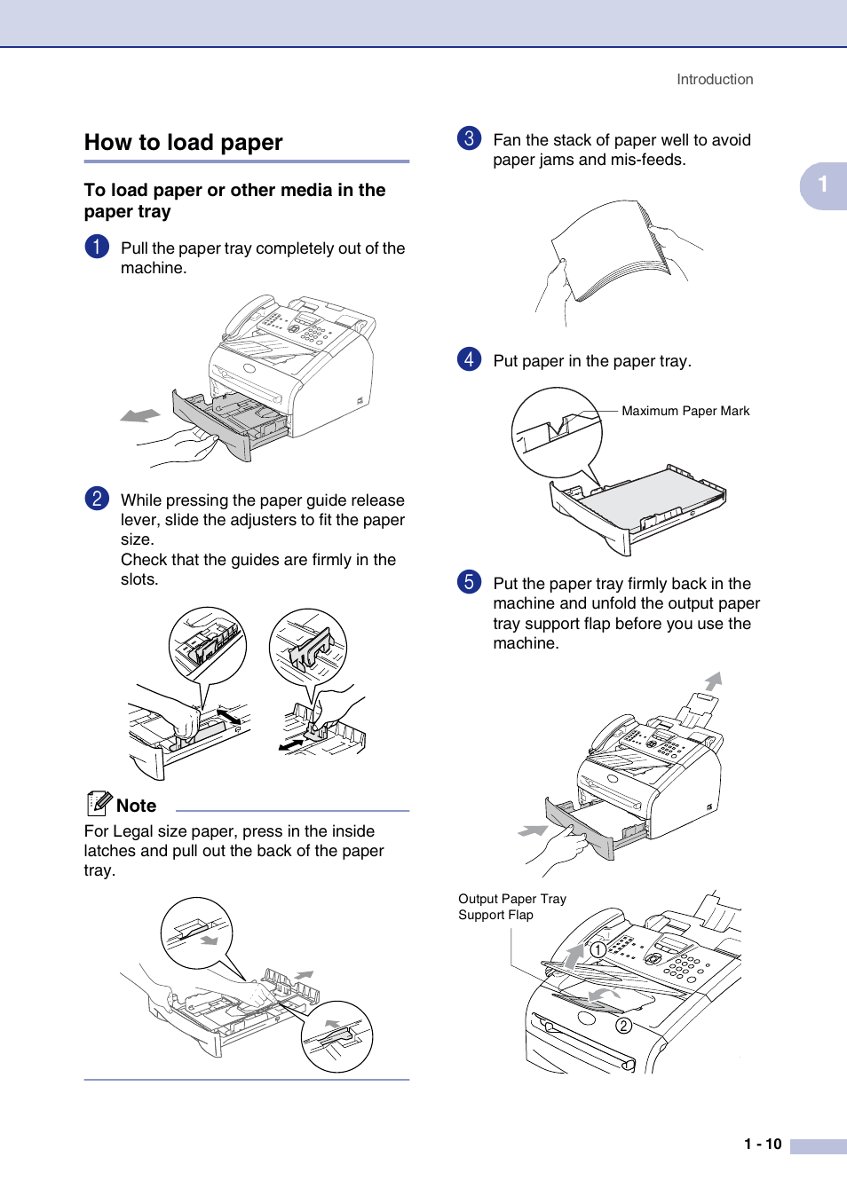 How to load paper, To load paper or other media in the paper tray, How to load paper -10 | To load paper or other media in the paper tray -10, 1how to load paper | Brother FAX2820 User Manual | Page 28 / 161