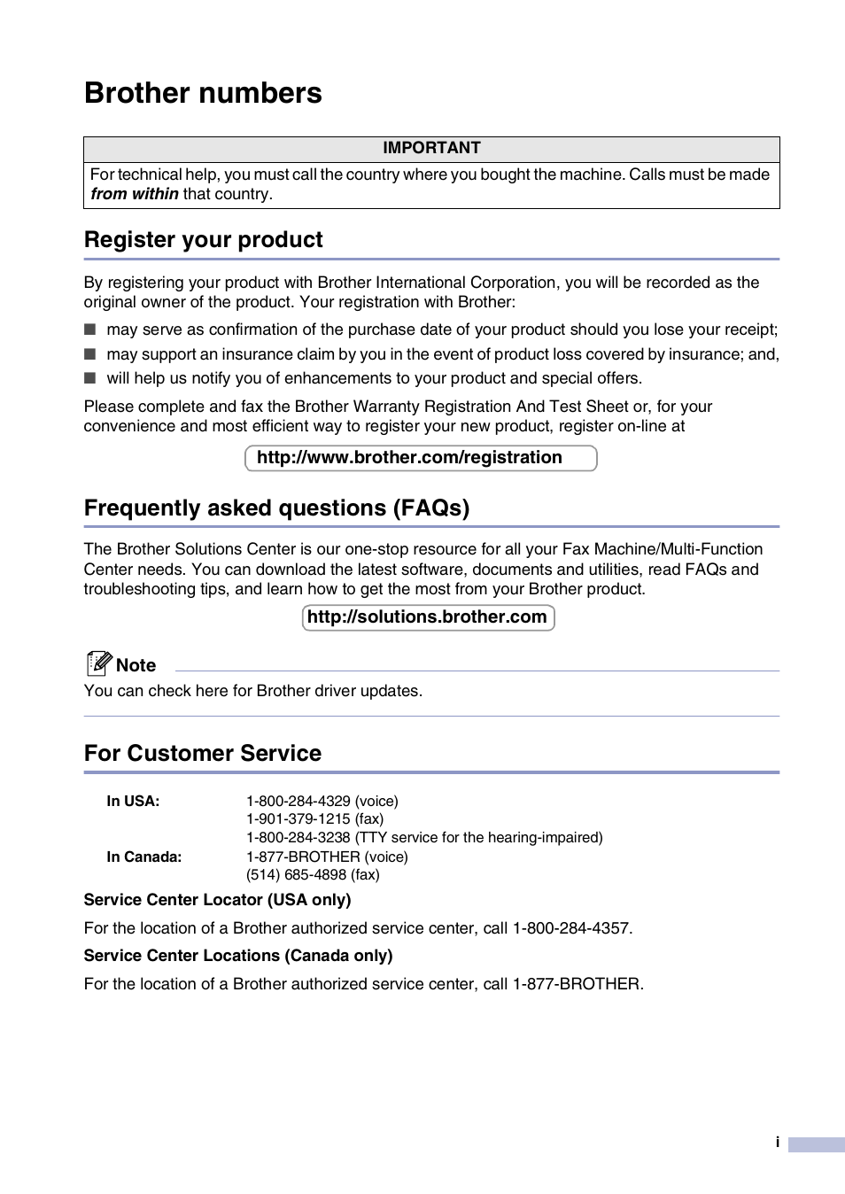 Brother numbers, Register your product, Frequently asked questions (faqs) | For customer service | Brother FAX2820 User Manual | Page 3 / 161