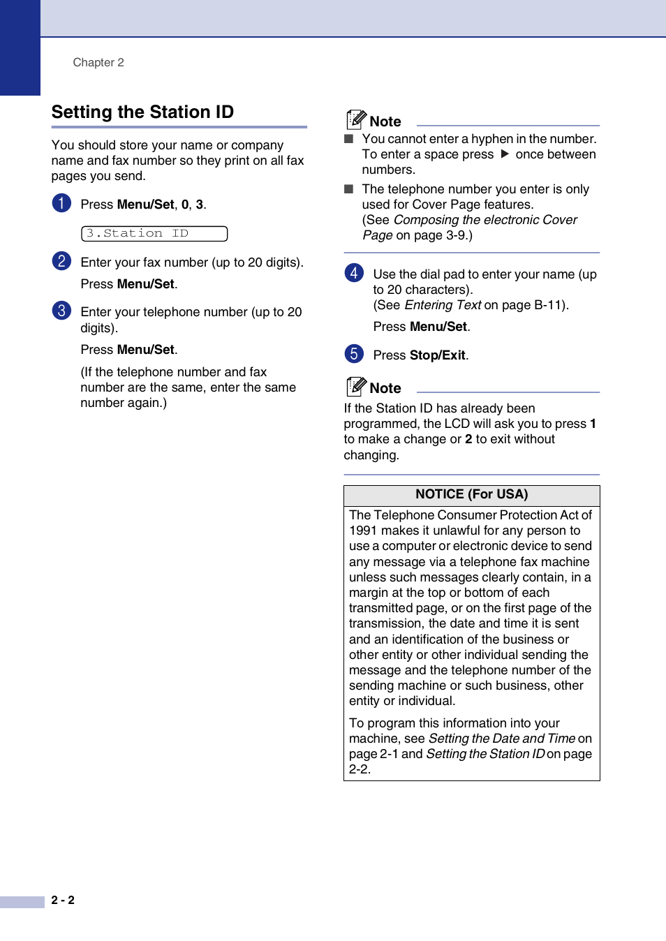 Setting the station id, Setting the station id -2 | Brother FAX2820 User Manual | Page 33 / 161