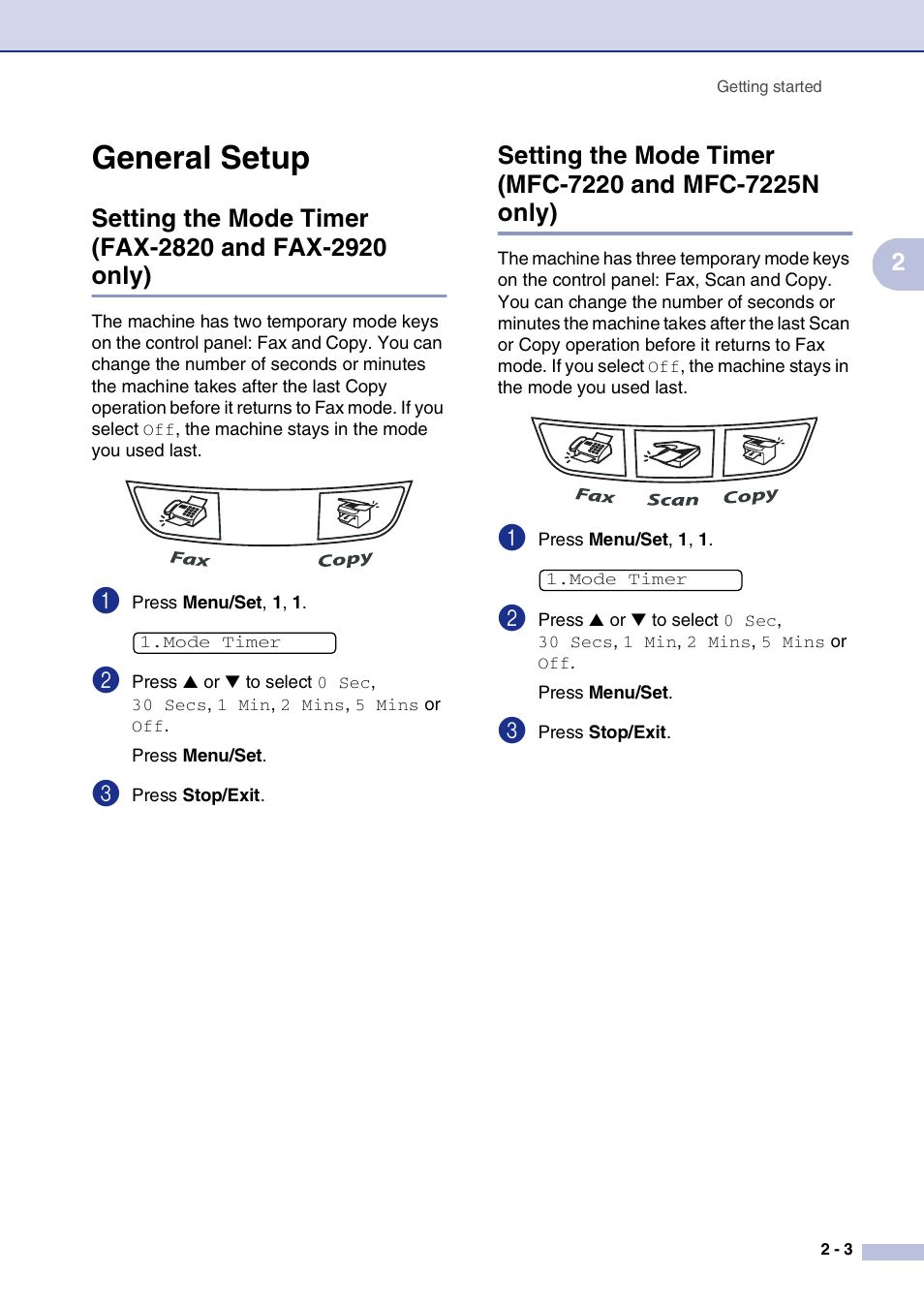 General setup, General setup -3 | Brother FAX2820 User Manual | Page 34 / 161