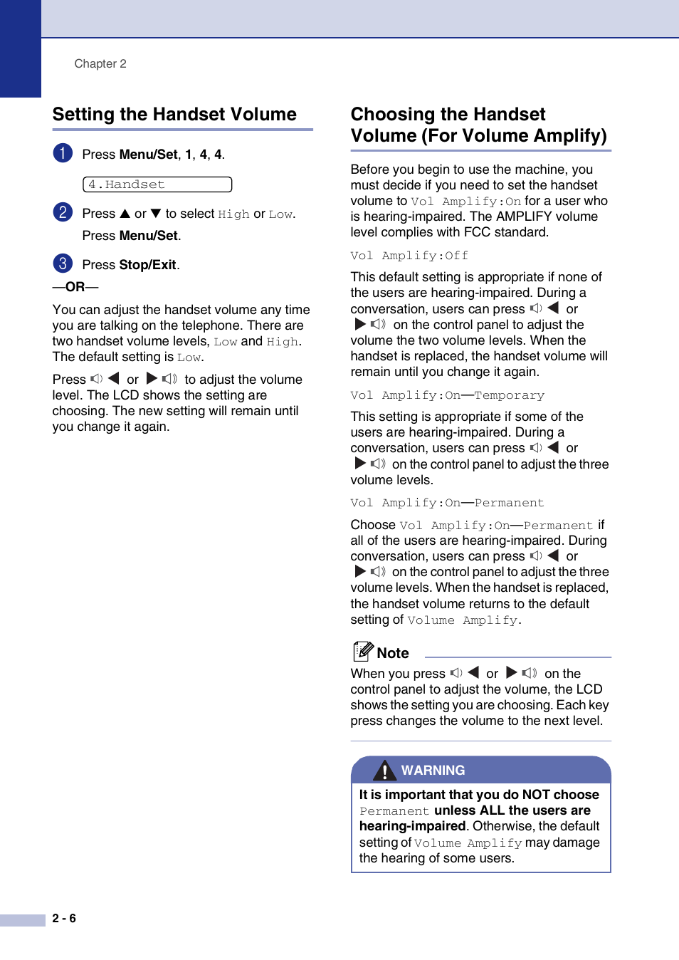 Setting the handset volume, Choosing the handset volume (for volume amplify) | Brother FAX2820 User Manual | Page 37 / 161