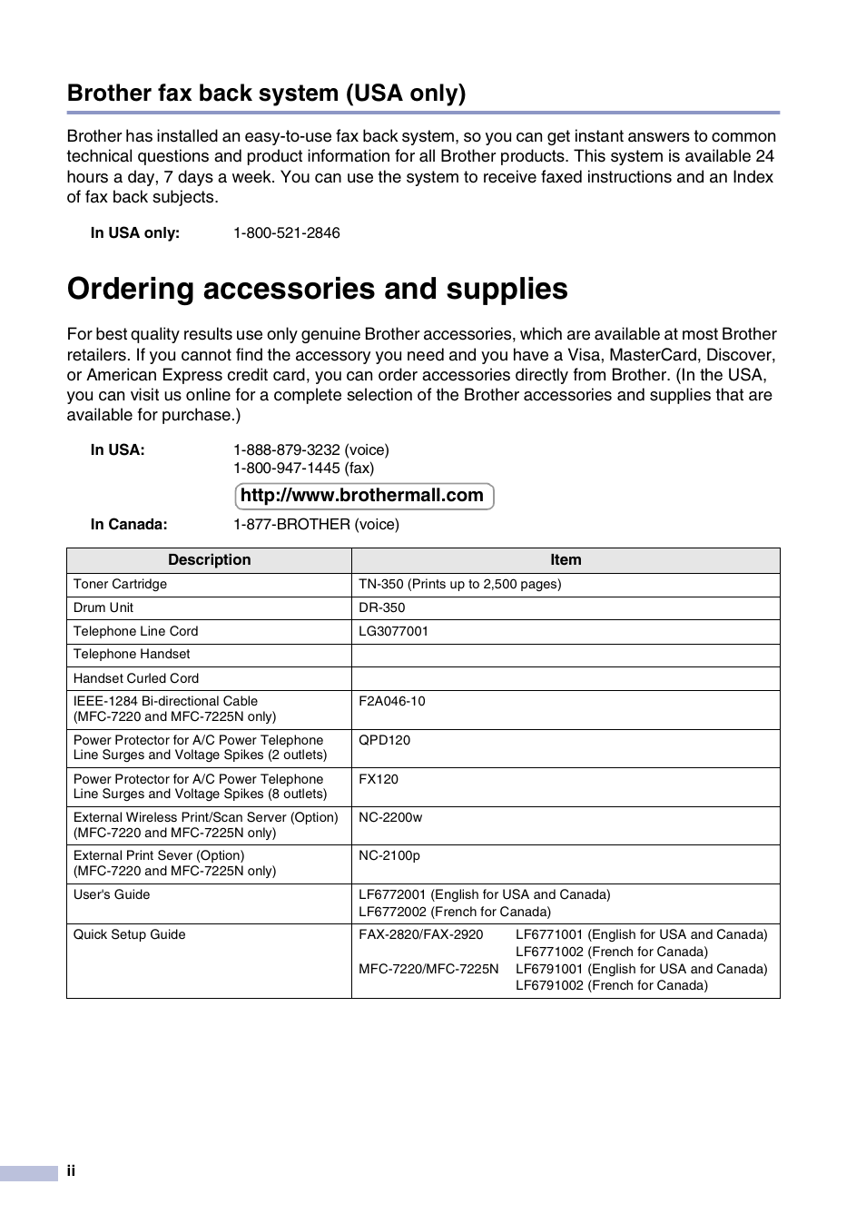 Brother fax back system (usa only), Ordering accessories and supplies | Brother FAX2820 User Manual | Page 4 / 161