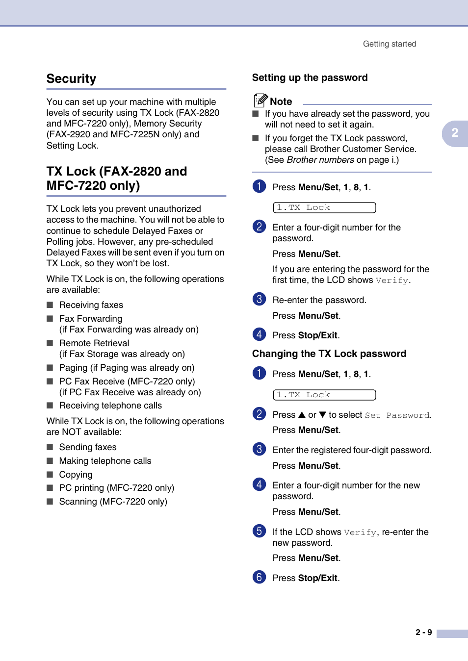 Security, Tx lock (fax-2820 and mfc-7220 only), Setting up the password | Changing the tx lock password, 2security | Brother FAX2820 User Manual | Page 40 / 161