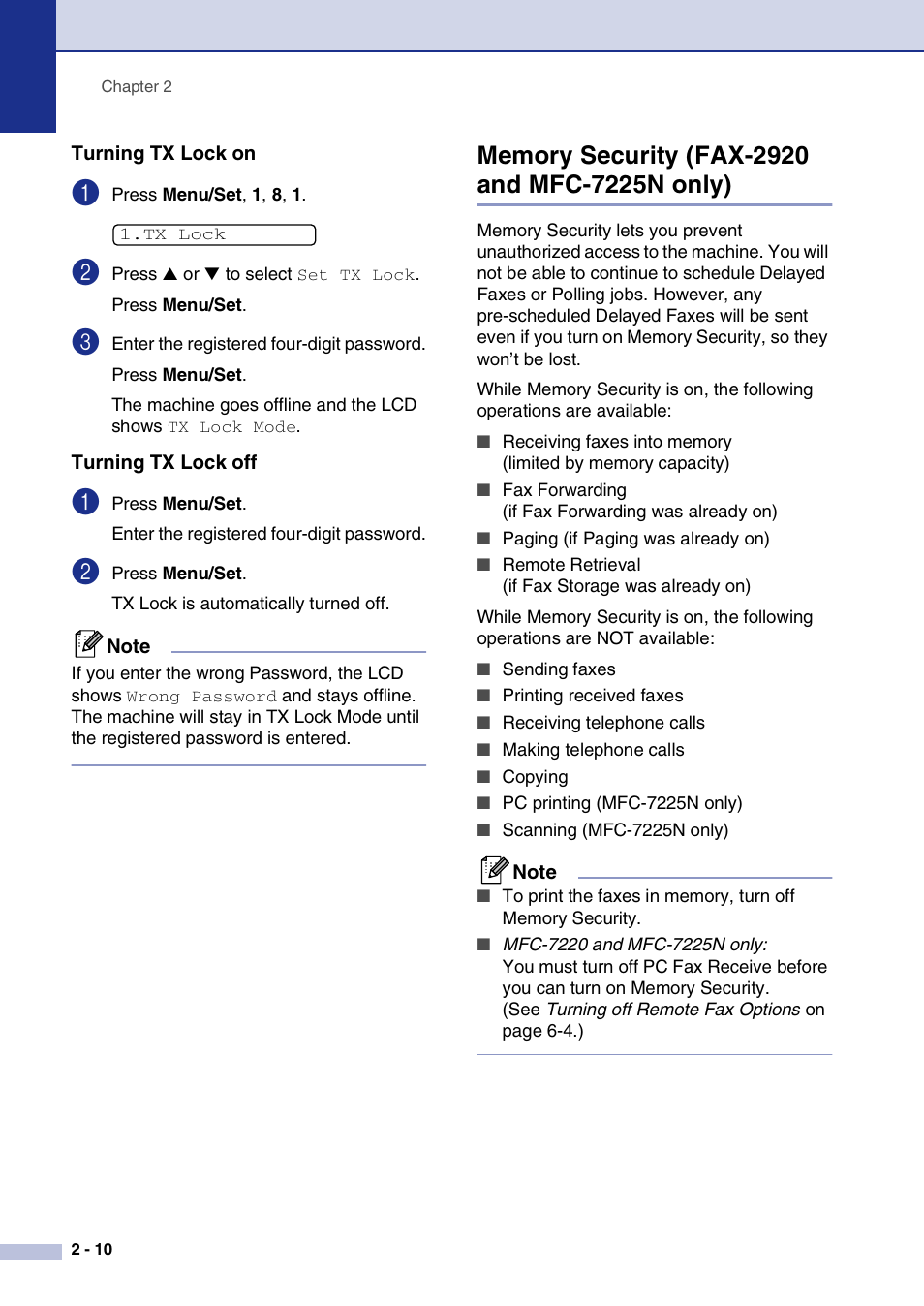 Turning tx lock on, Turning tx lock off, Memory security (fax-2920 and mfc-7225n only) | Turning tx lock on -10 turning tx lock off -10, Memory security (fax-2920 and mfc-7225n only) -10 | Brother FAX2820 User Manual | Page 41 / 161