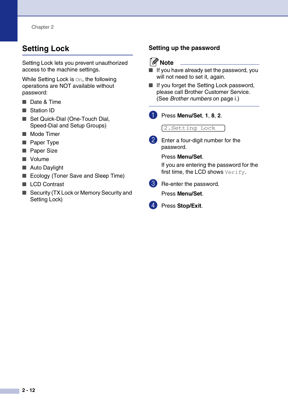 Setting lock, Setting up the password, Setting lock -12 | Setting up the password -12 | Brother FAX2820 User Manual | Page 43 / 161