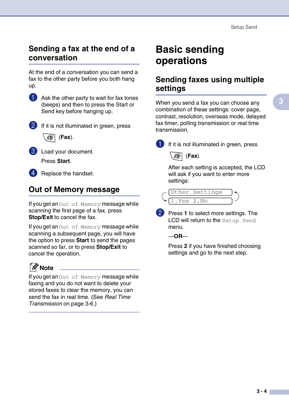 Sending a fax at the end of a conversation, Out of memory message, Basic sending operations | Sending faxes using multiple settings, Basic sending operations -4, Sending faxes using multiple settings -4, 3sending a fax at the end of a conversation | Brother FAX2820 User Manual | Page 48 / 161