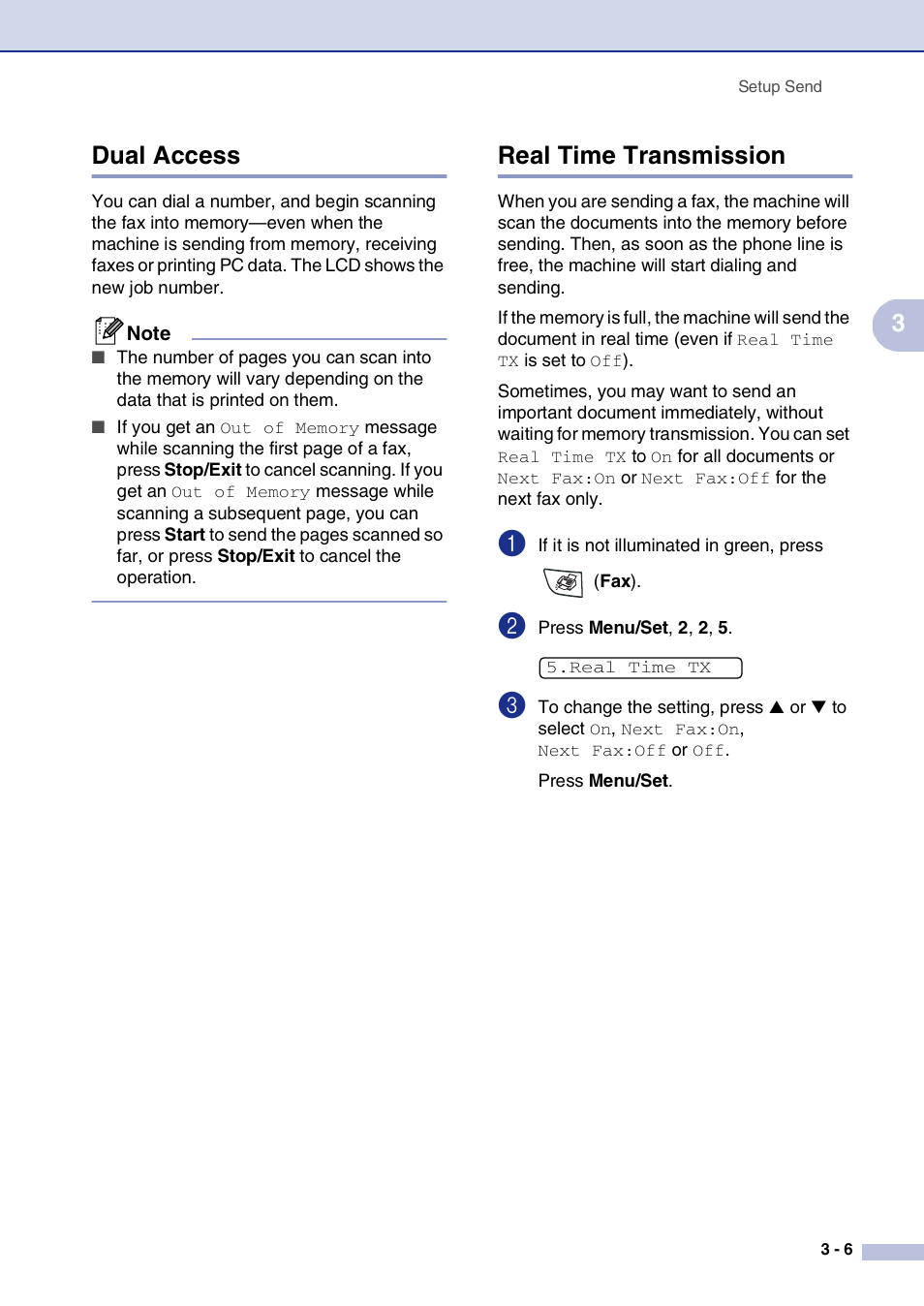 Dual access, Real time transmission, Dual access -6 real time transmission -6 | 3dual access | Brother FAX2820 User Manual | Page 50 / 161