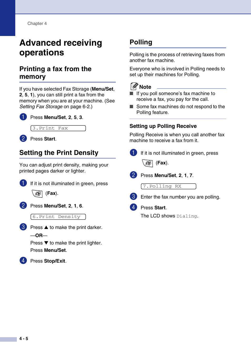 Advanced receiving operations, Printing a fax from the memory, Setting the print density | Polling, Setting up polling receive, Advanced receiving operations -5, Setting up polling receive -5 | Brother FAX2820 User Manual | Page 61 / 161