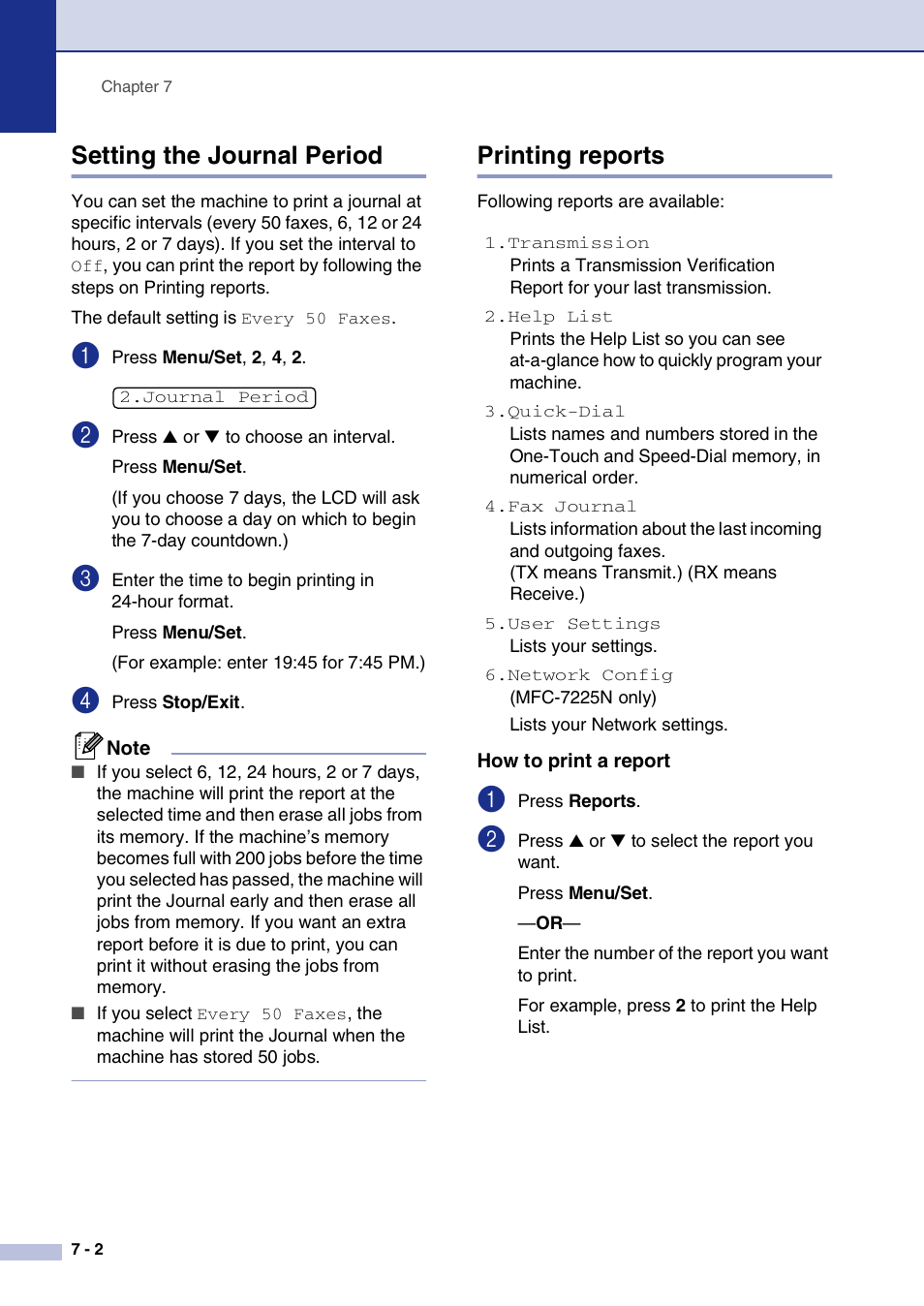 Setting the journal period, Printing reports, How to print a report | Setting the journal period -2 printing reports -2, How to print a report -2 | Brother FAX2820 User Manual | Page 75 / 161