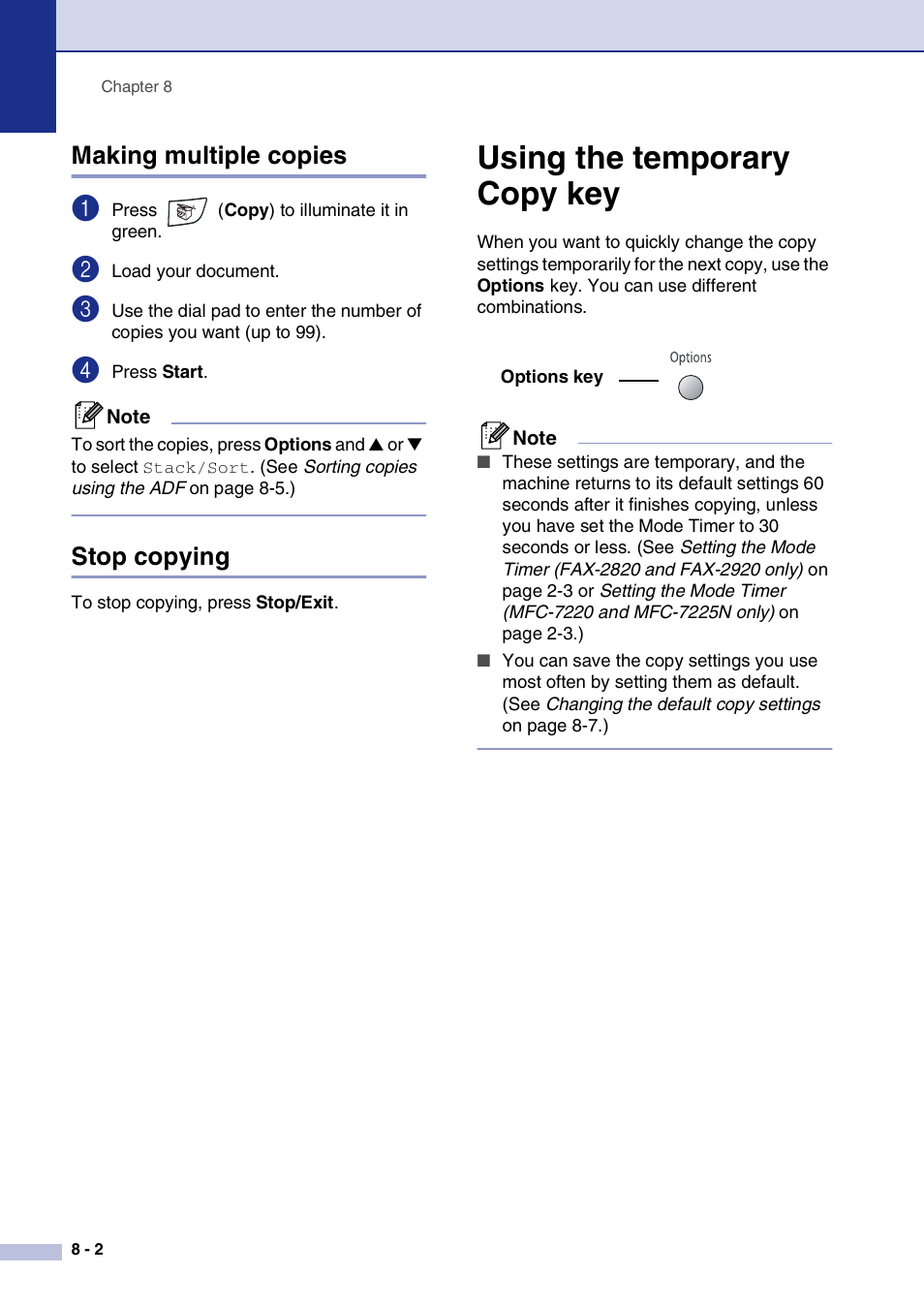 Making multiple copies, Stop copying, Using the temporary copy key | Making multiple copies -2 stop copying -2, Using the temporary copy key -2 | Brother FAX2820 User Manual | Page 77 / 161