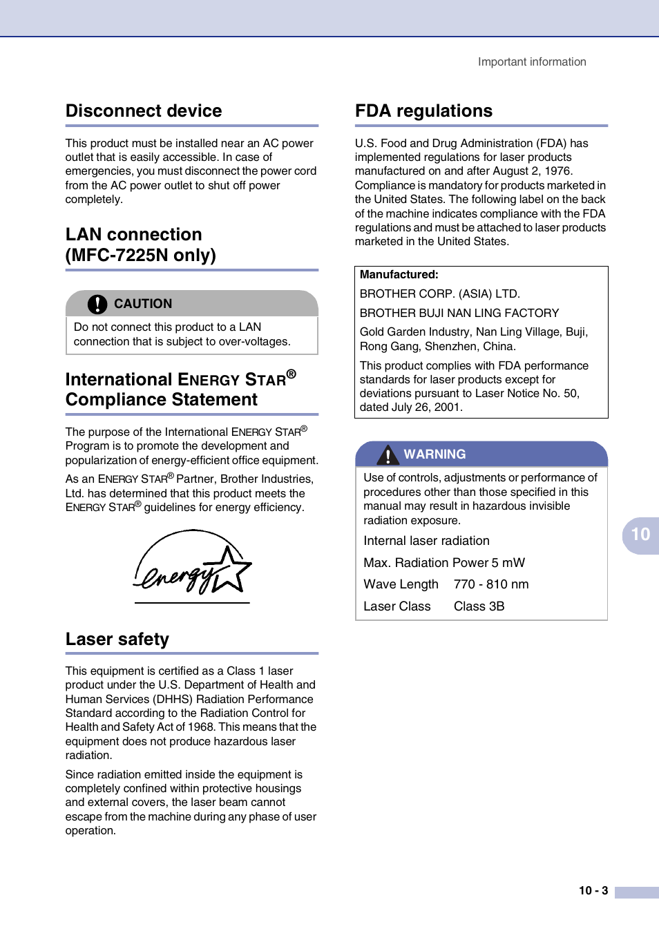 Disconnect device, Lan connection (mfc-7225n only), International energy star® compliance statement | Laser safety, Fda regulations, Nergy, Compliance statement -3, Laser safety -3 fda regulations -3, 10 disconnect device, Lan connection (mfc-7225n only) international e | Brother FAX2820 User Manual | Page 86 / 161