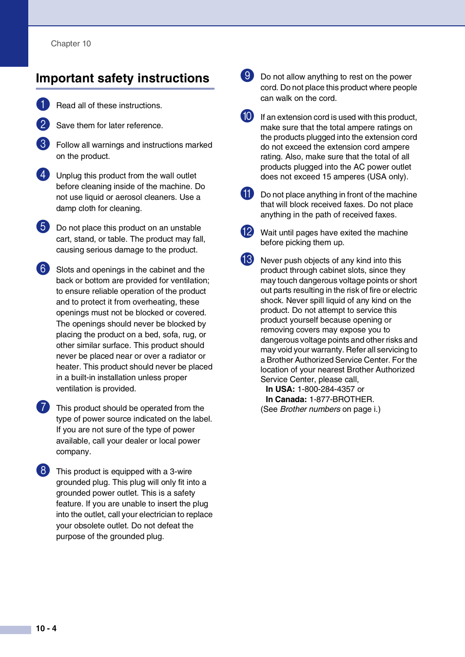 Important safety instructions, Important safety instructions -4 | Brother FAX2820 User Manual | Page 87 / 161