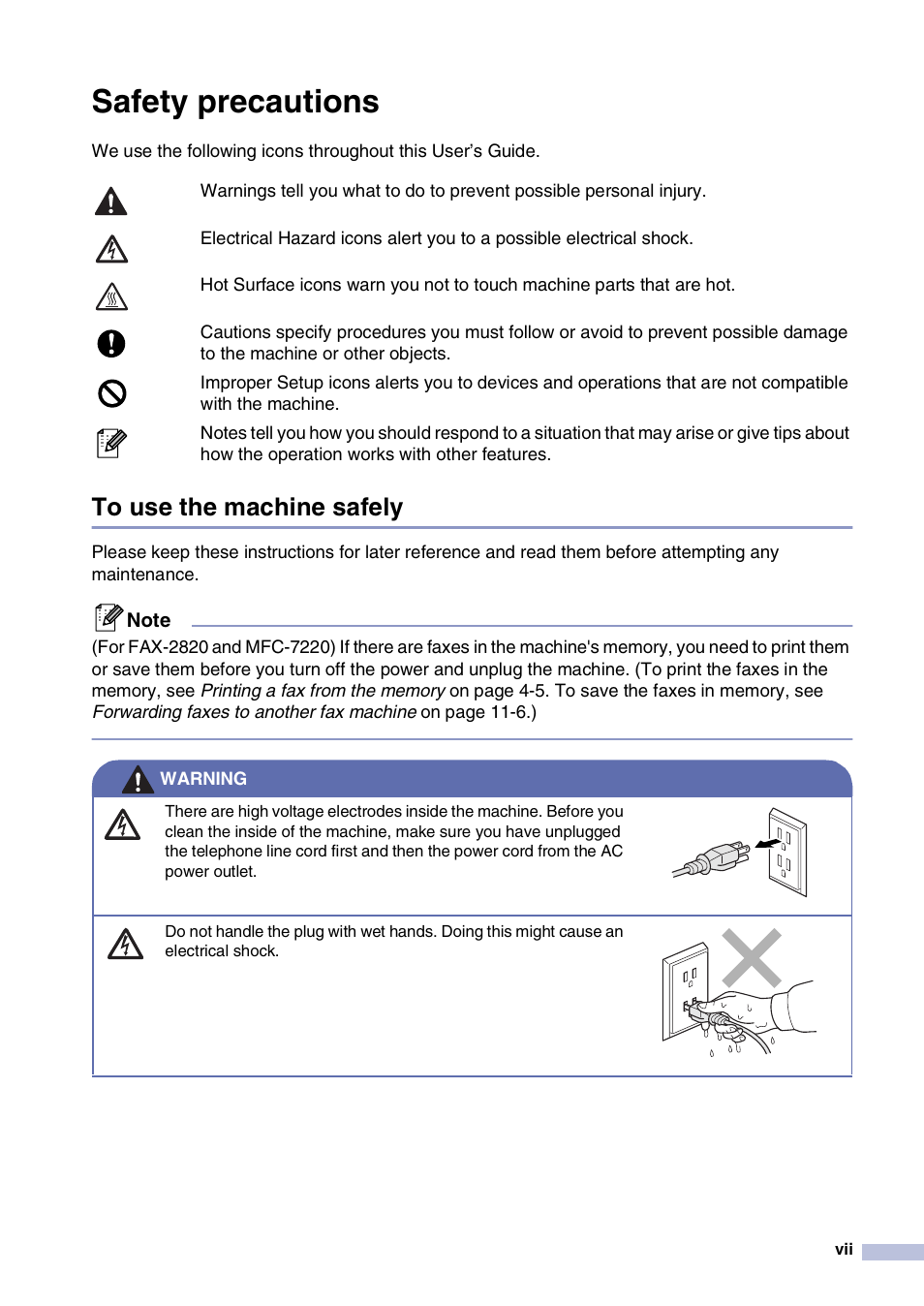 Safety precautions, To use the machine safely | Brother FAX2820 User Manual | Page 9 / 161