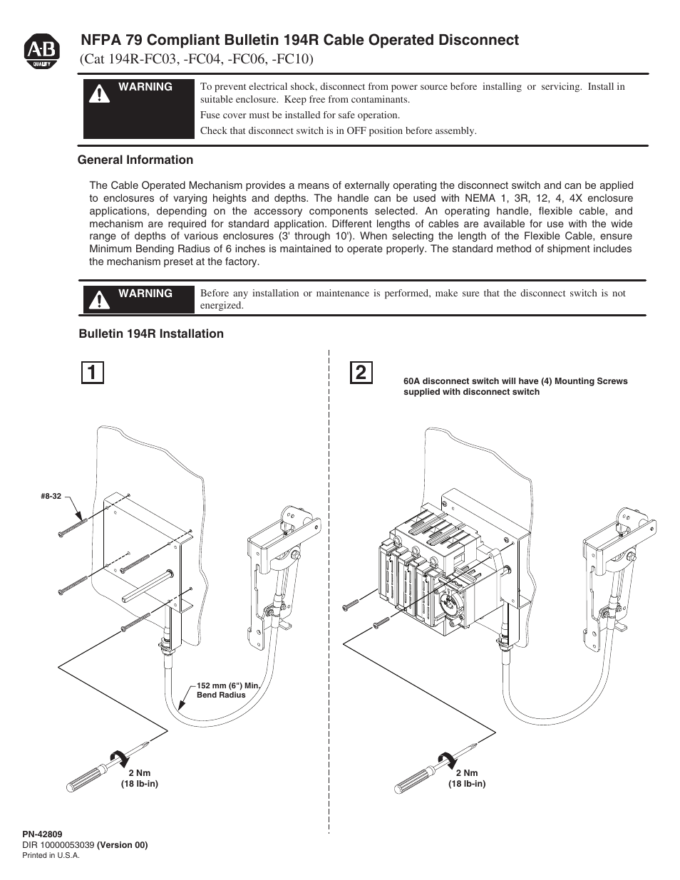 Rockwell Automation 194R-FCxx NFPA Compliant Cable Operated Disconnect Switch User Manual | 4 pages