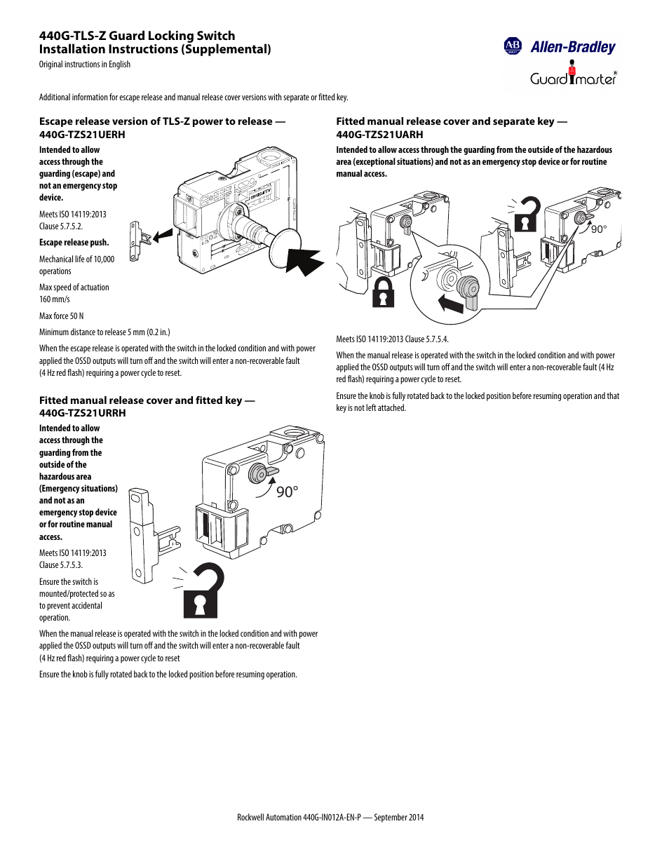 Rockwell Automation 440G-TLS-Z Guard Locking Switch Installation Instructions (Supplemental) User Manual | 2 pages