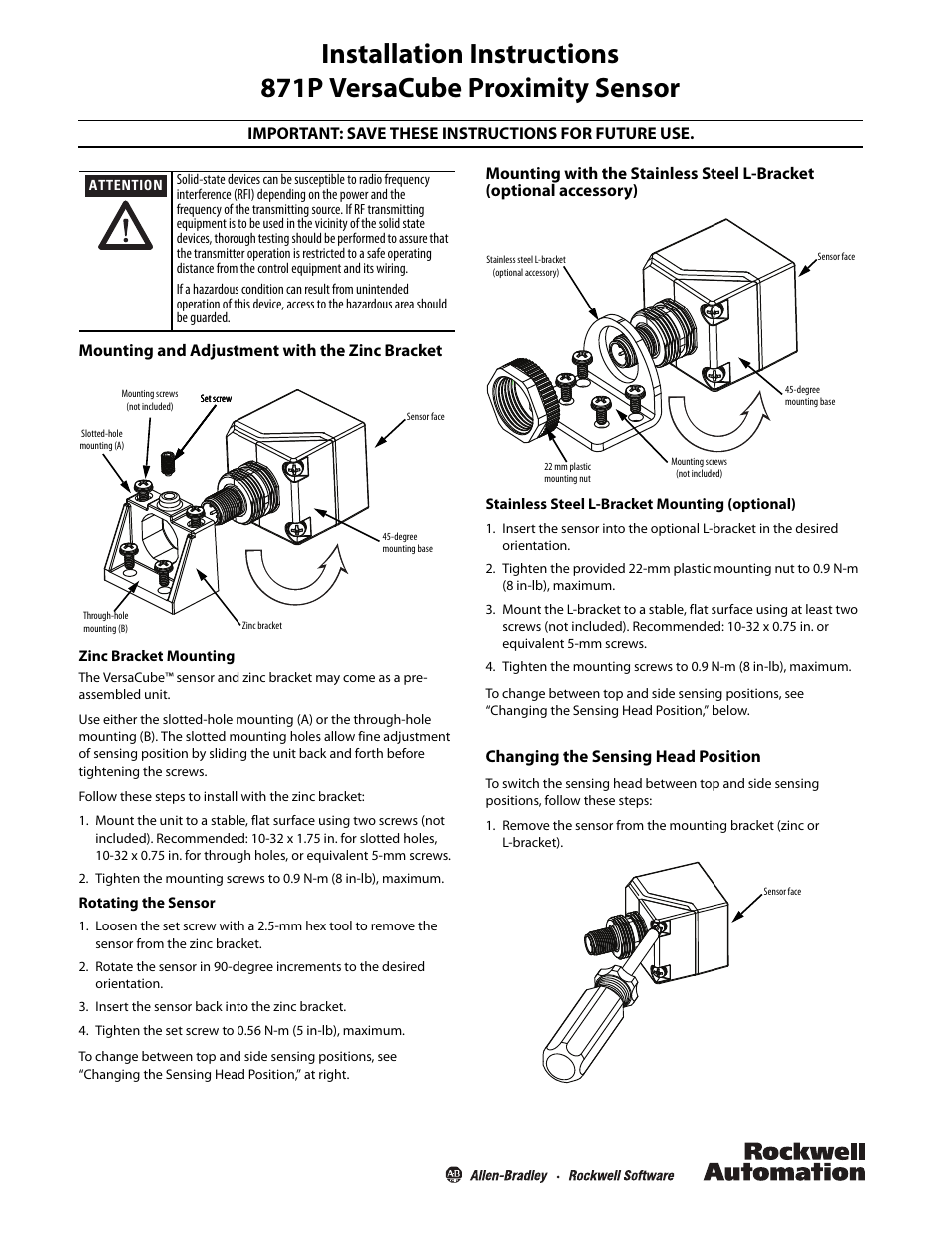 Rockwell Automation 871P VersaCube Proximity Sensor User Manual | 2 pages