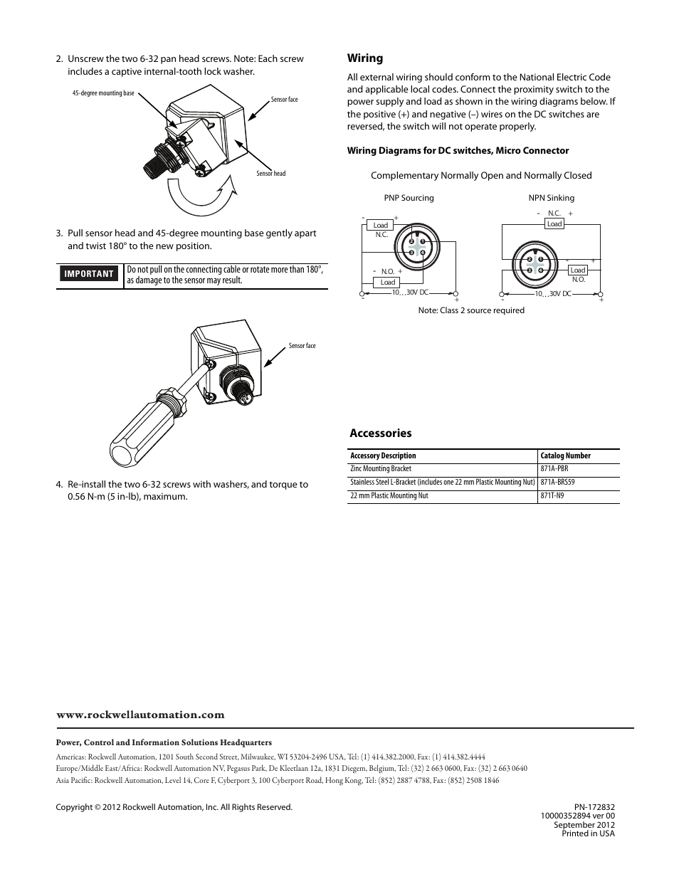 Wiring, Accessories | Rockwell Automation 871P VersaCube Proximity Sensor User Manual | Page 2 / 2
