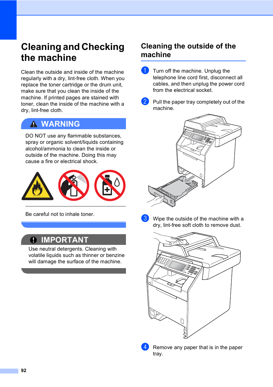 Cleaning and checking the machine, Cleaning the outside of the machine, Warning | Important | Brother MFC 9970CDW User Manual | Page 100 / 218