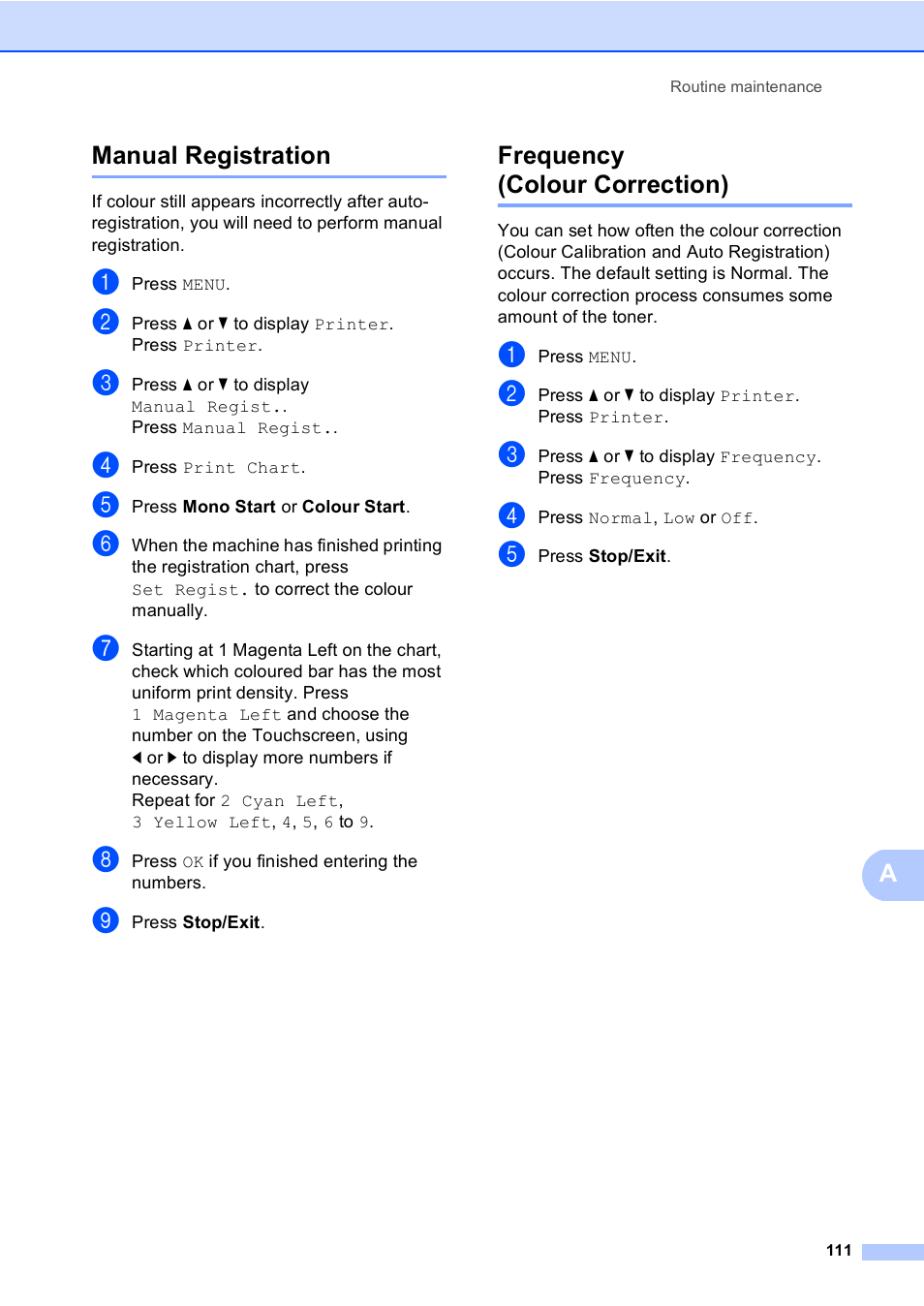 Manual registration, Frequency (colour correction), Manual registration frequency (colour correction) | Brother MFC 9970CDW User Manual | Page 119 / 218