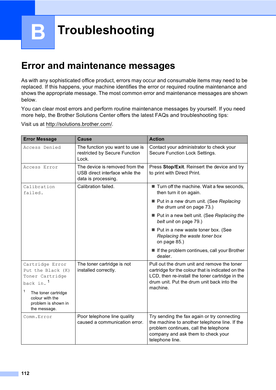 B troubleshooting, Error and maintenance messages, Troubleshooting 112 | Troubleshooting | Brother MFC 9970CDW User Manual | Page 120 / 218