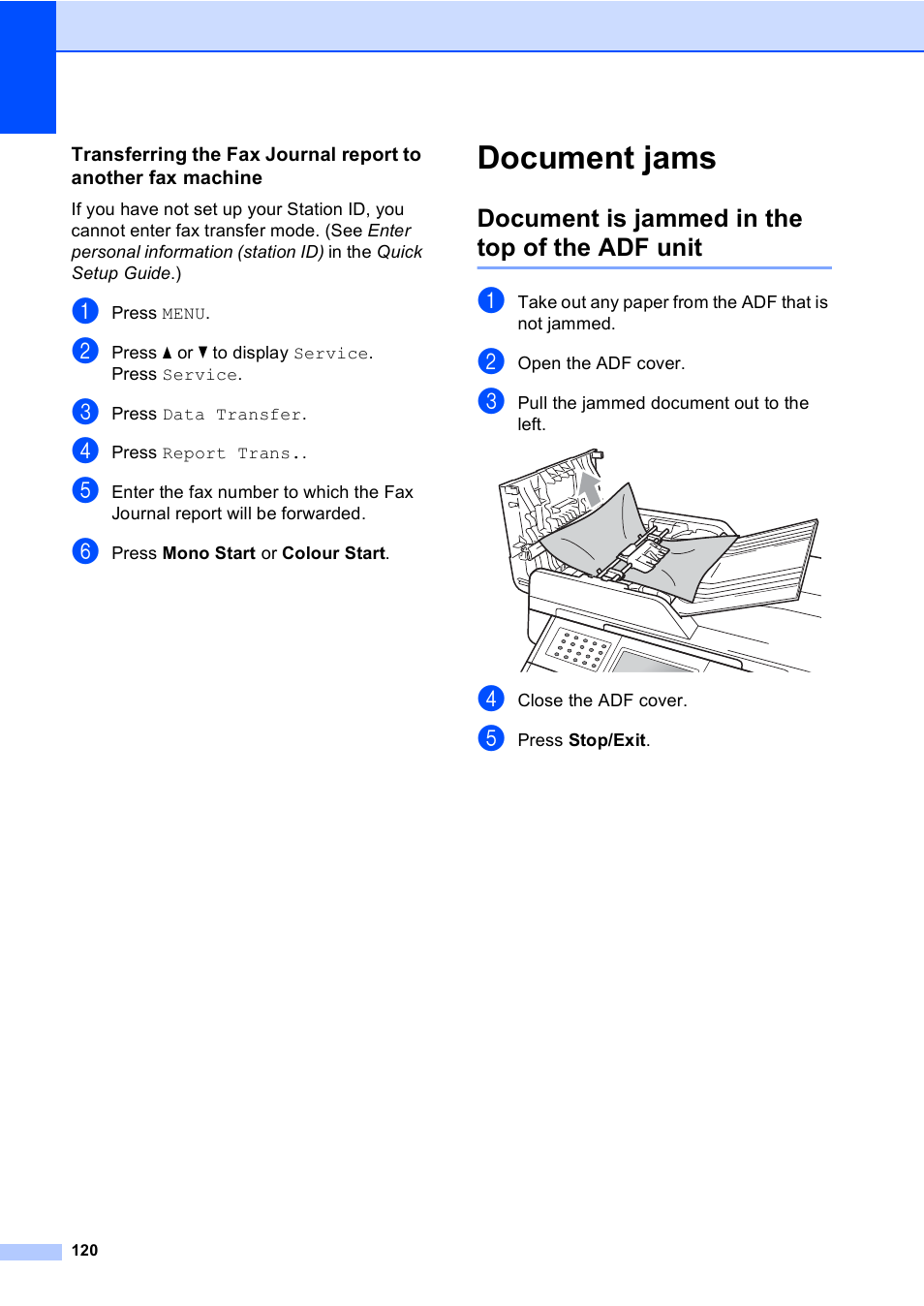 Document jams, Document is jammed in the top of the adf unit | Brother MFC 9970CDW User Manual | Page 128 / 218