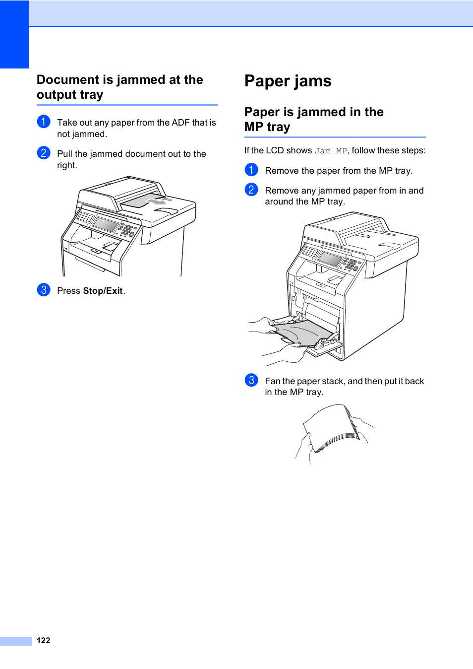 Document is jammed at the output tray, Paper jams, Paper is jammed in the mp tray | Brother MFC 9970CDW User Manual | Page 130 / 218