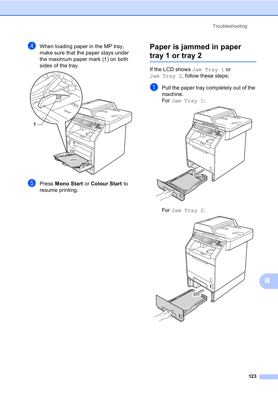 Paper is jammed in paper tray 1 or tray 2 | Brother MFC 9970CDW User Manual | Page 131 / 218