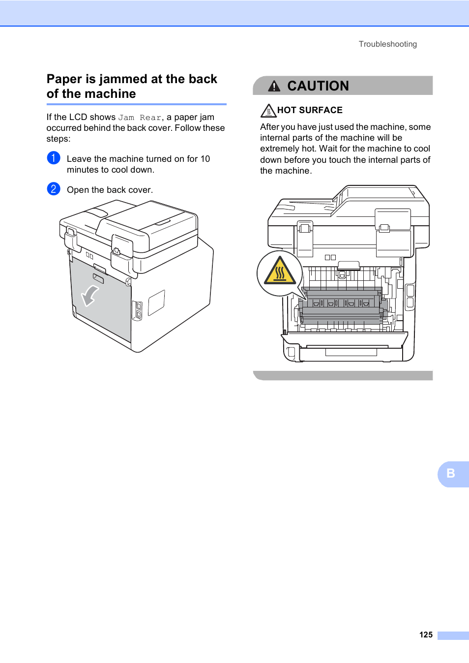 Paper is jammed at the back of the machine, Caution, Bpaper is jammed at the back of the machine | Brother MFC 9970CDW User Manual | Page 133 / 218