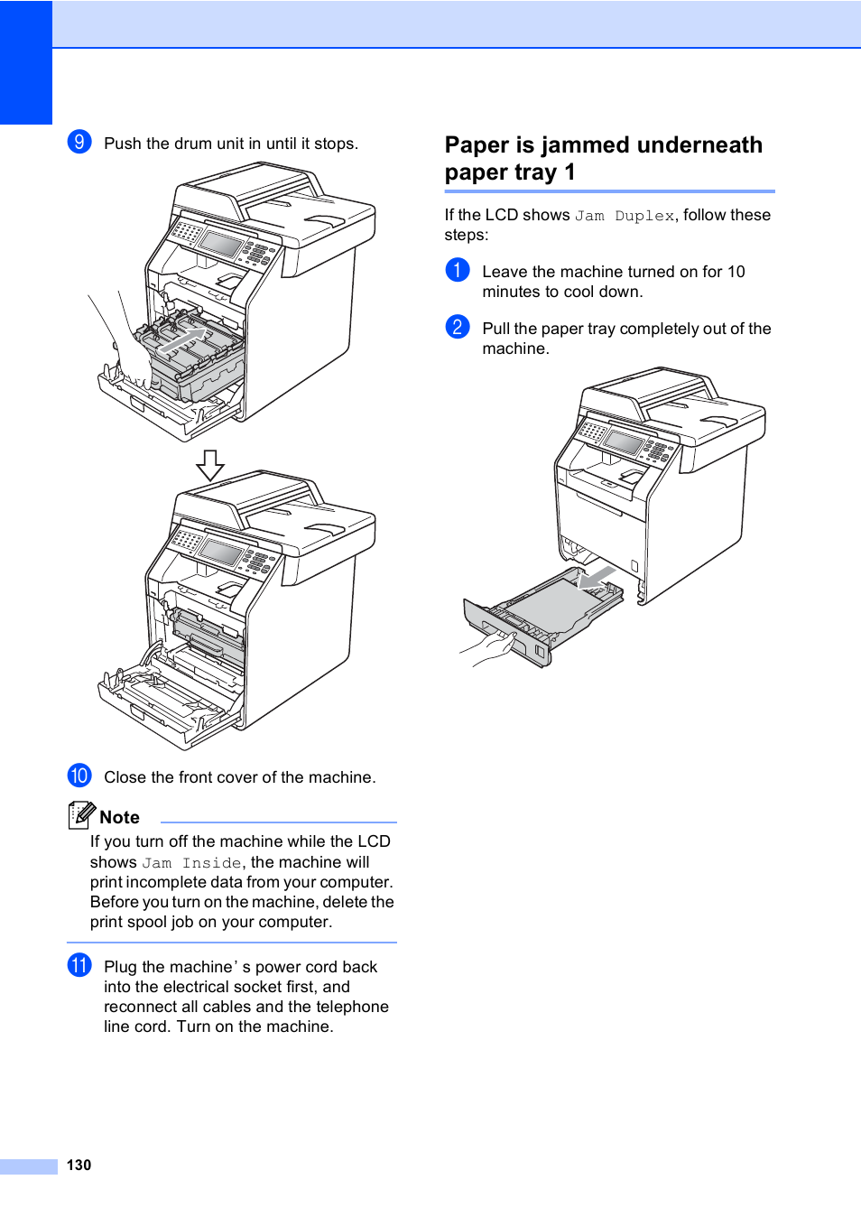 Paper is jammed underneath paper tray 1 | Brother MFC 9970CDW User Manual | Page 138 / 218