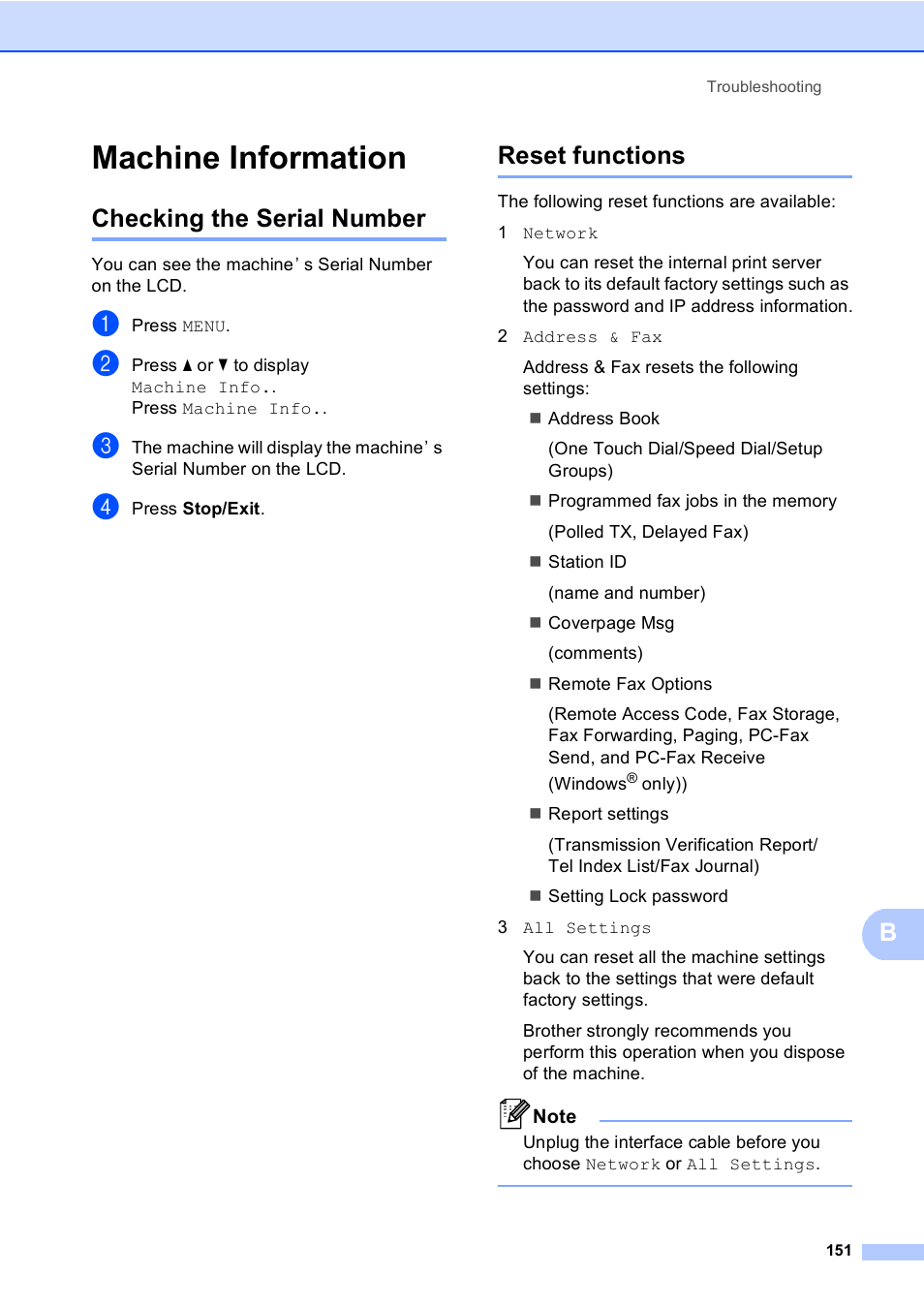 Machine information, Checking the serial number, Reset functions | Checking the serial number reset functions | Brother MFC 9970CDW User Manual | Page 159 / 218