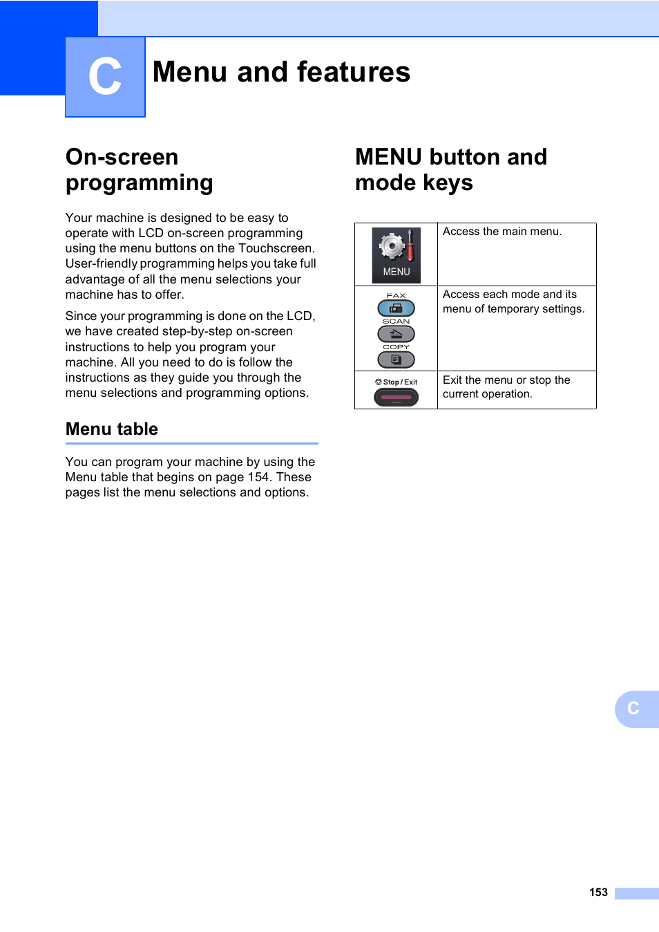 C menu and features, On-screen programming, Menu table | Menu button and mode keys, Menu and features | Brother MFC 9970CDW User Manual | Page 161 / 218