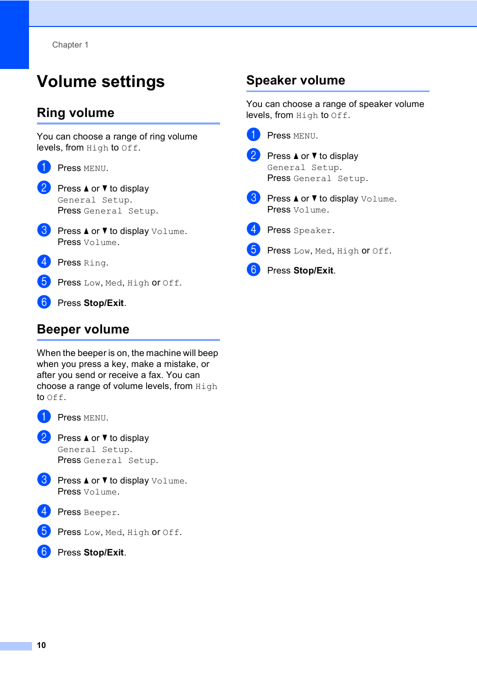 Volume settings, Ring volume, Beeper volume | Speaker volume, Ring volume beeper volume speaker volume | Brother MFC 9970CDW User Manual | Page 18 / 218