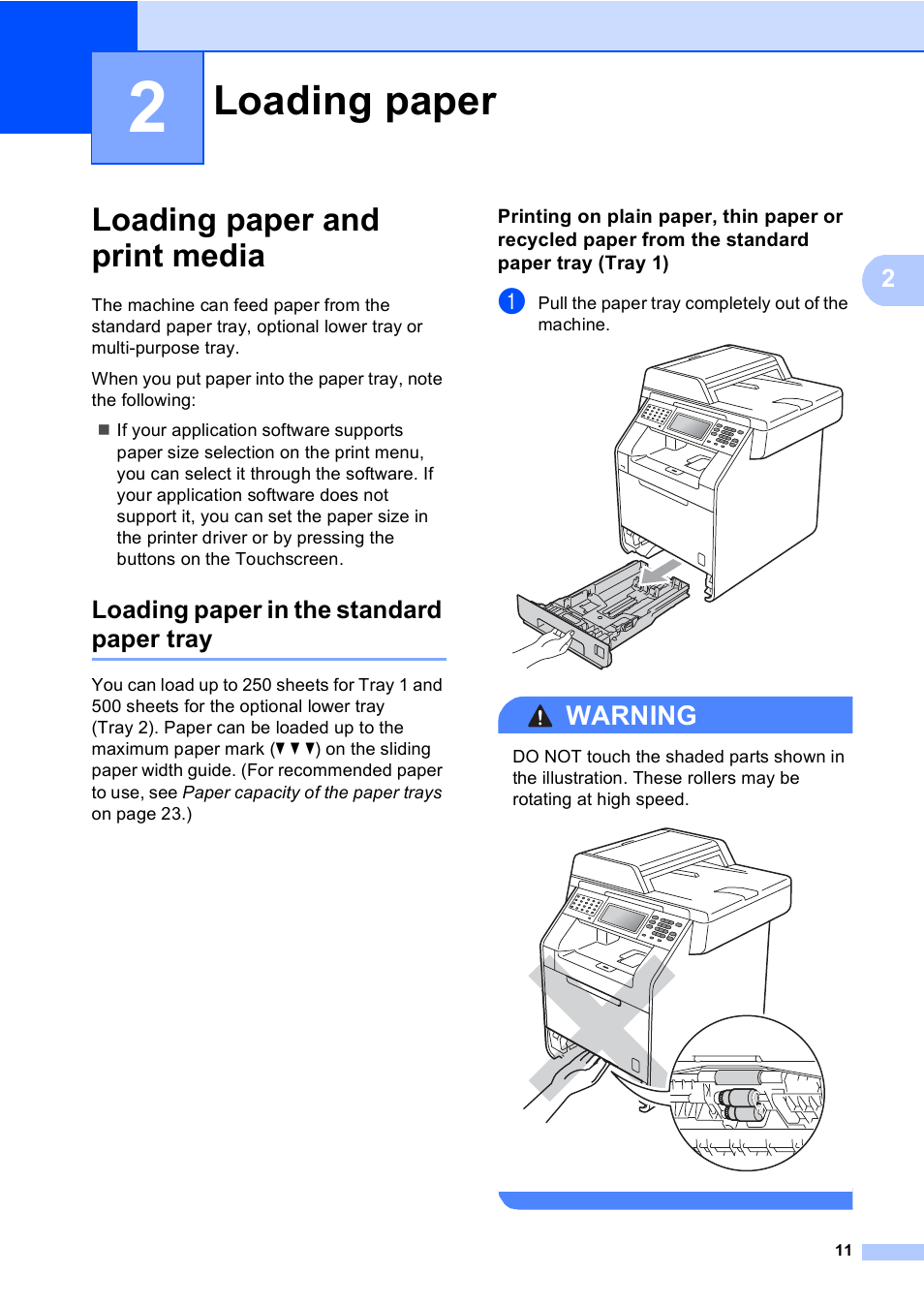 2 loading paper, Loading paper and print media, Loading paper in the standard paper tray | Loading paper, Warning | Brother MFC 9970CDW User Manual | Page 19 / 218