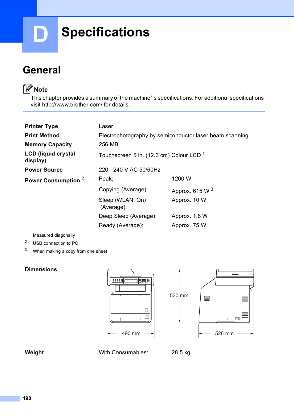D specifications, General, Specifications | Brother MFC 9970CDW User Manual | Page 198 / 218