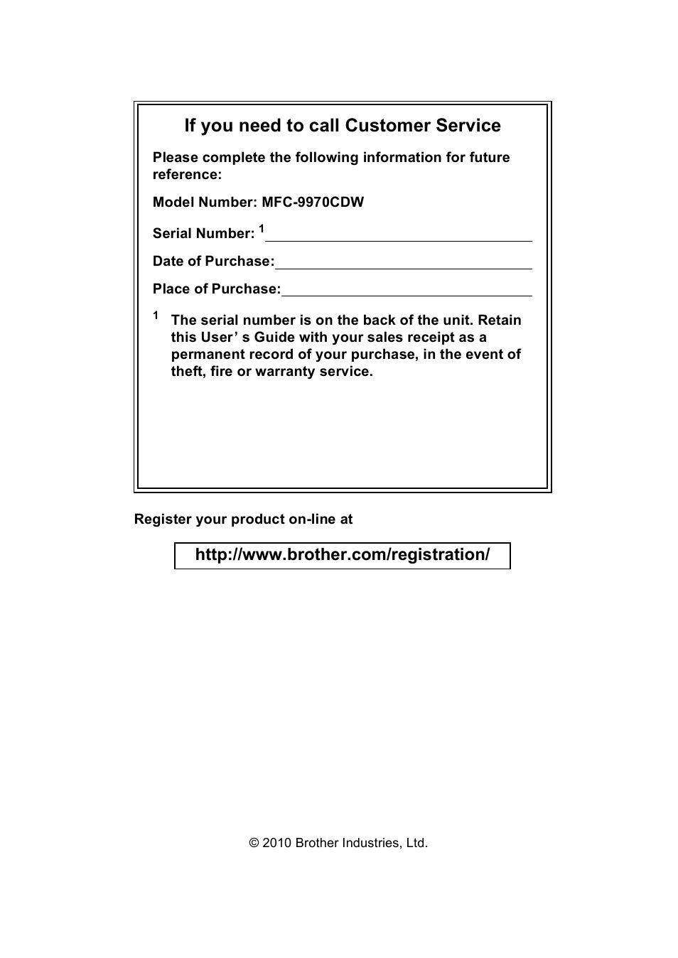 If you need to call customer service | Brother MFC 9970CDW User Manual | Page 2 / 218