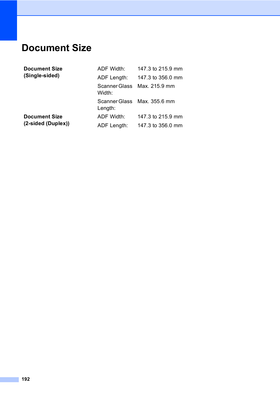 Document size | Brother MFC 9970CDW User Manual | Page 200 / 218