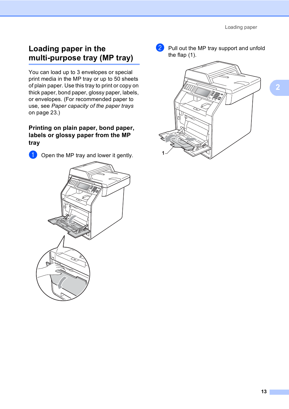 Loading paper in the multi-purpose tray (mp tray), 2loading paper in the multi-purpose tray (mp tray) | Brother MFC 9970CDW User Manual | Page 21 / 218