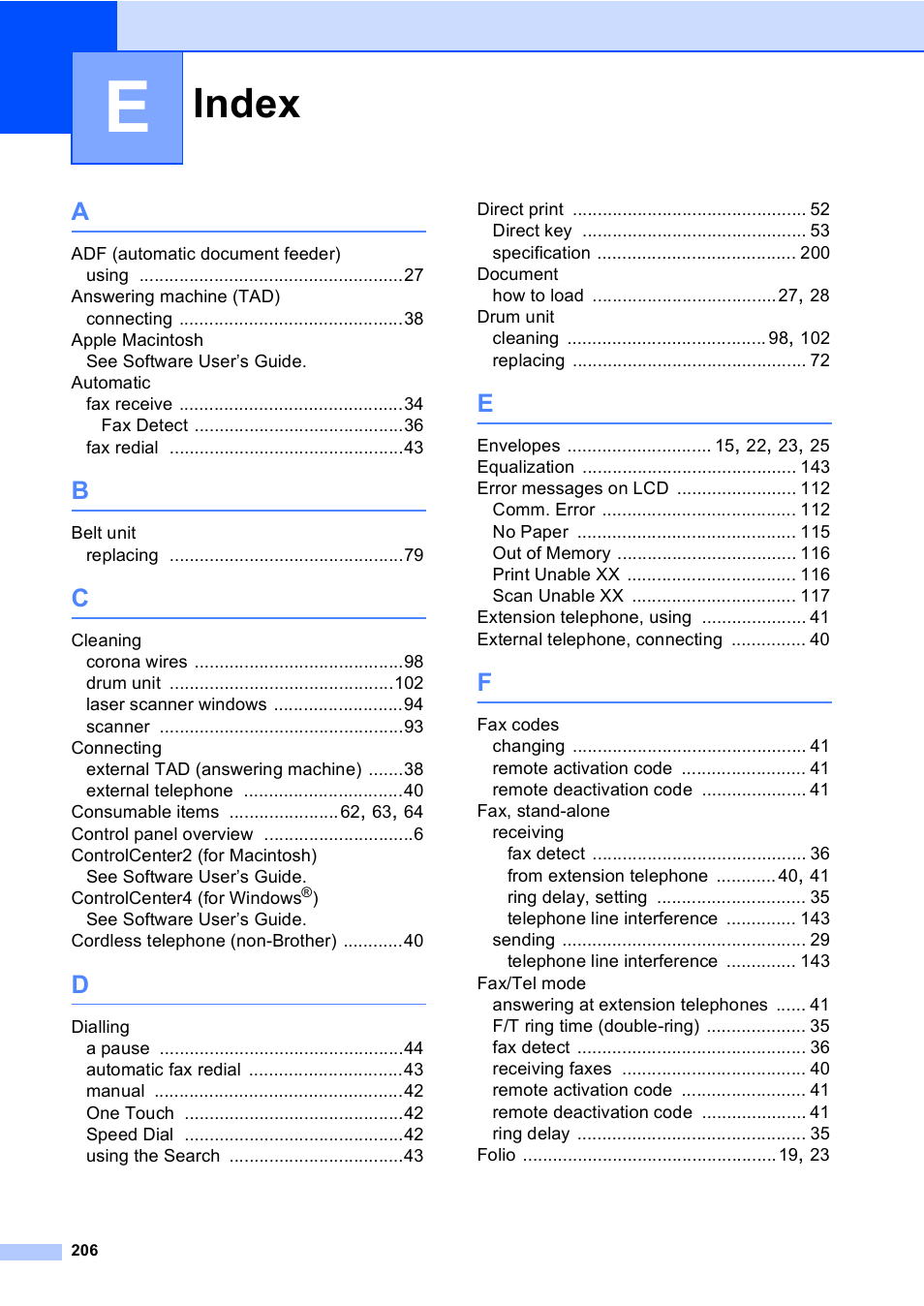 Index | Brother MFC 9970CDW User Manual | Page 214 / 218