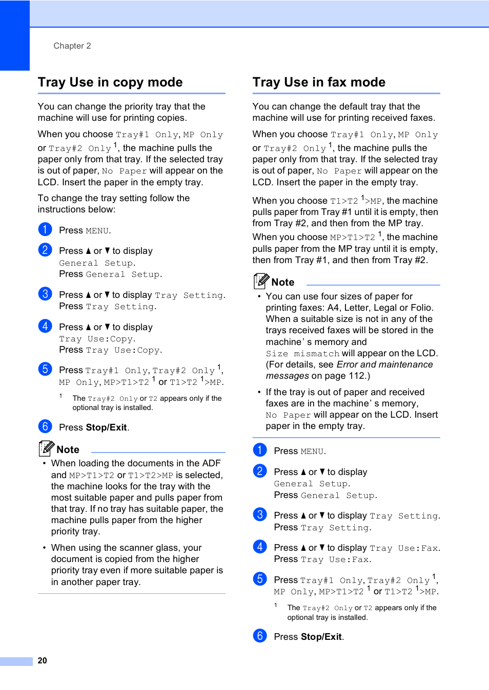 Tray use in copy mode, Tray use in fax mode, Tray use in copy mode tray use in fax mode | Brother MFC 9970CDW User Manual | Page 28 / 218