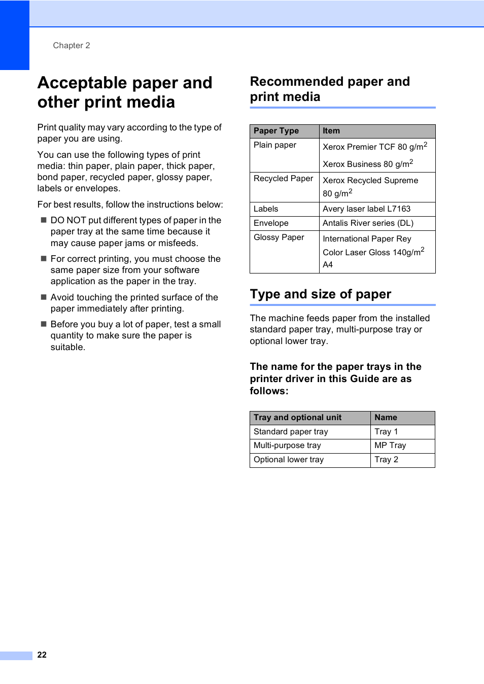 Acceptable paper and other print media, Recommended paper and print media, Type and size of paper | Brother MFC 9970CDW User Manual | Page 30 / 218