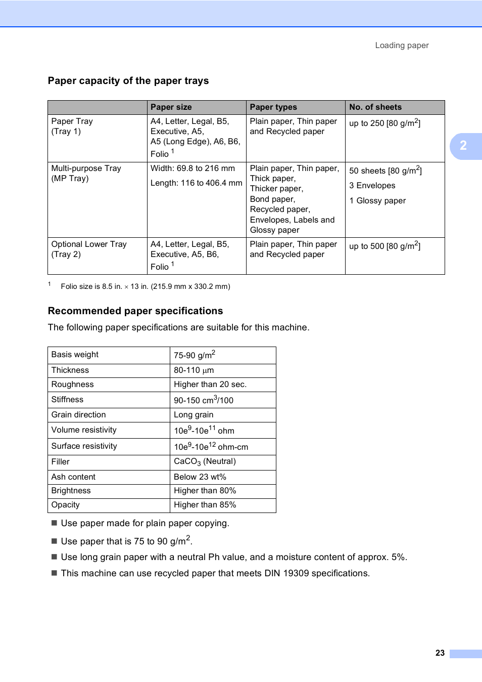 Paper capacity of the paper trays, Recommended paper specifications | Brother MFC 9970CDW User Manual | Page 31 / 218