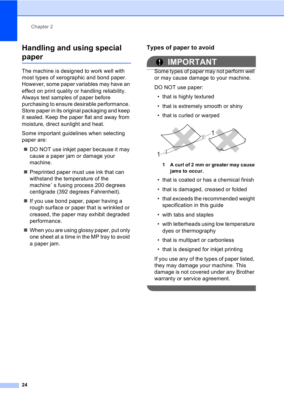 Handling and using special paper, Types of paper to avoid, Important | Brother MFC 9970CDW User Manual | Page 32 / 218