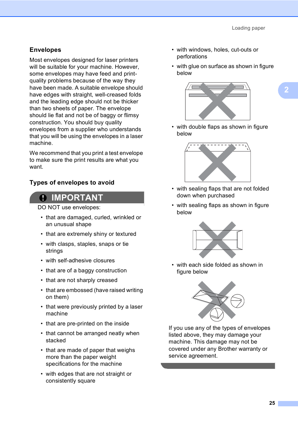 Envelopes, Types of envelopes to avoid, Important | Brother MFC 9970CDW User Manual | Page 33 / 218
