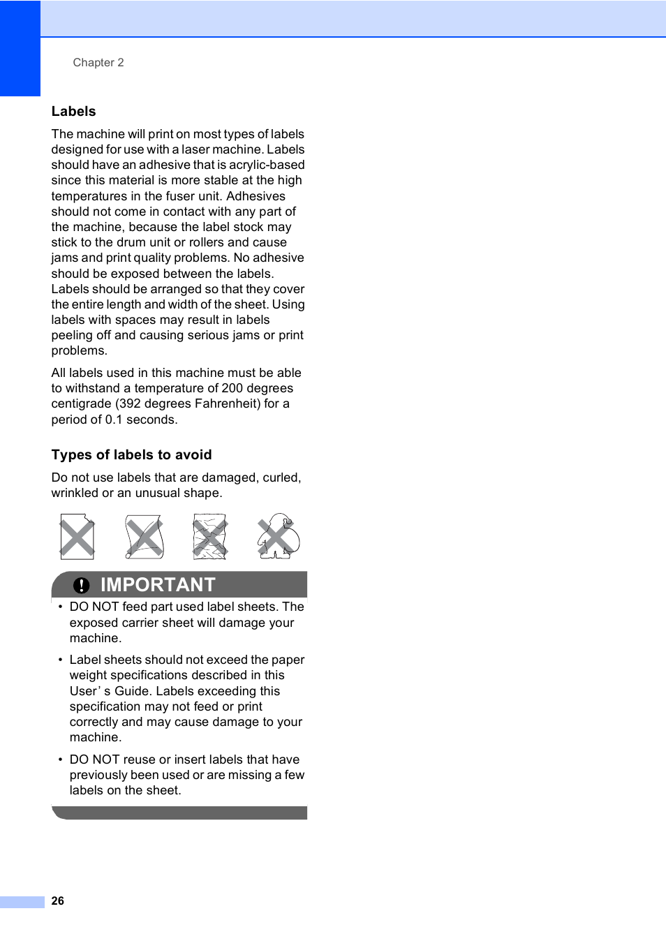 Labels, Types of labels to avoid, Important | Brother MFC 9970CDW User Manual | Page 34 / 218