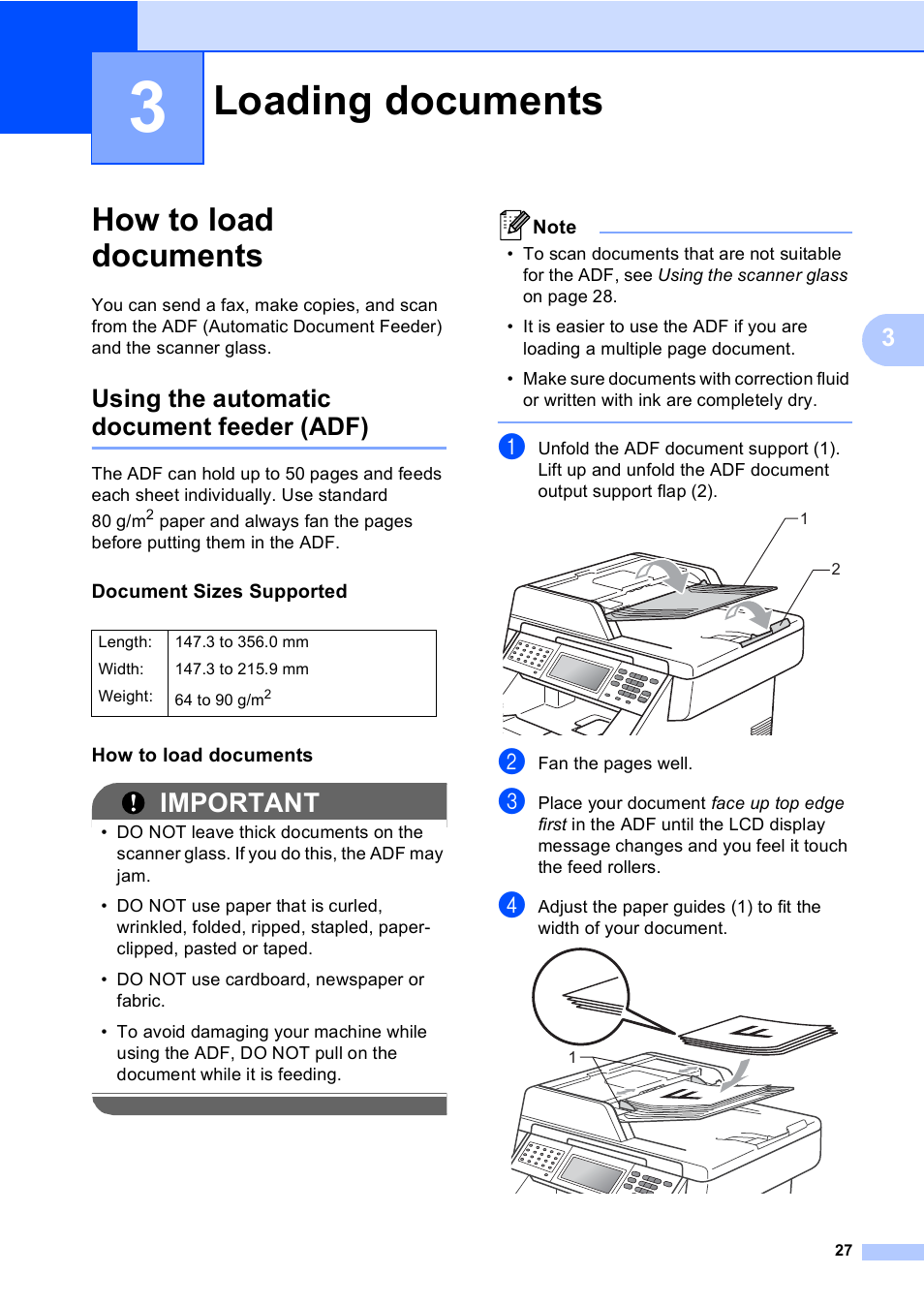 3 loading documents, How to load documents, Using the automatic document feeder (adf) | Document sizes supported, Loading documents, Important | Brother MFC 9970CDW User Manual | Page 35 / 218