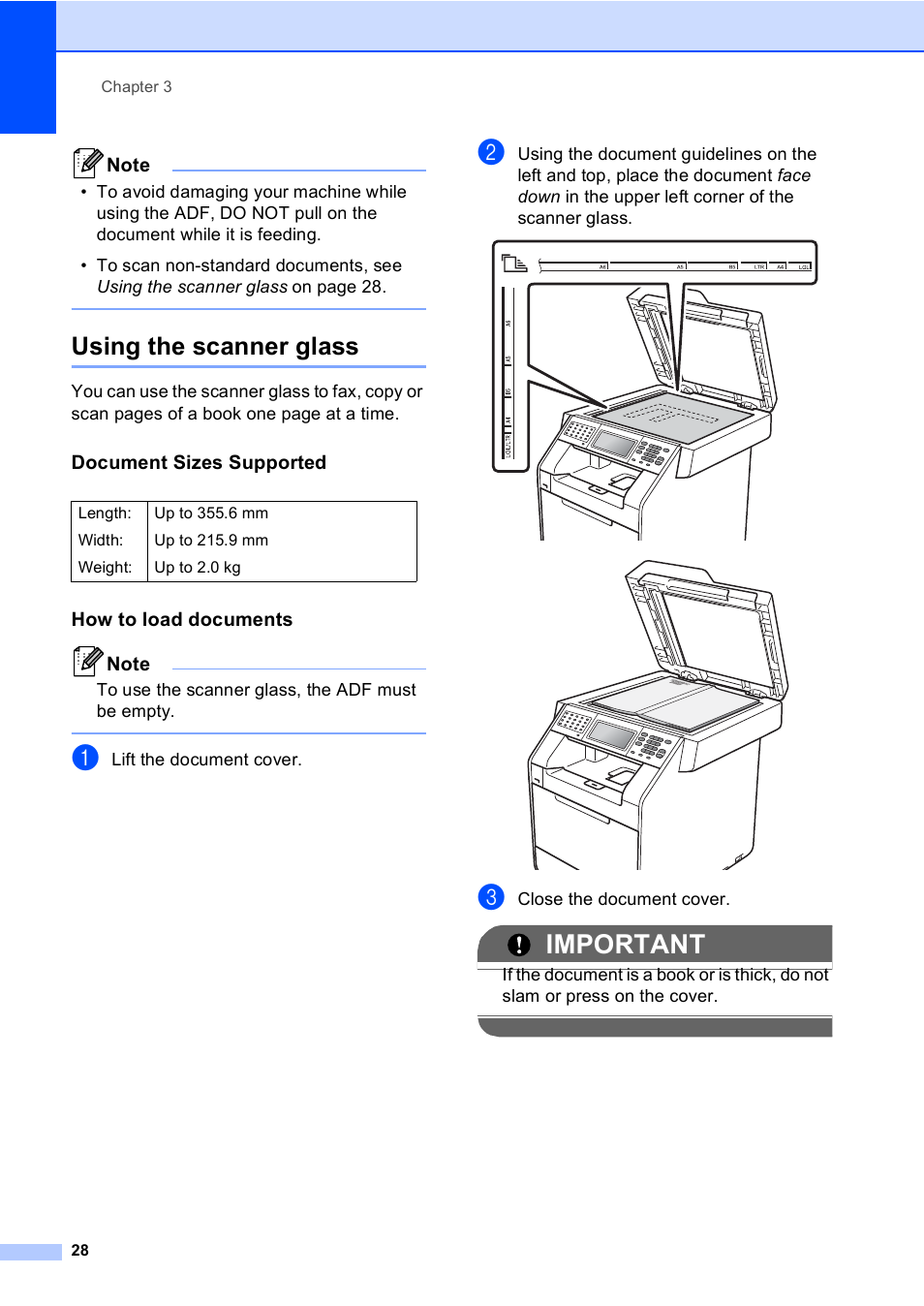 Using the scanner glass, Document sizes supported, How to load documents | Important | Brother MFC 9970CDW User Manual | Page 36 / 218