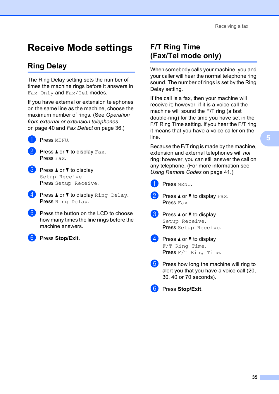Receive mode settings, Ring delay, F/t ring time (fax/tel mode only) | Ring delay f/t ring time (fax/tel mode only) | Brother MFC 9970CDW User Manual | Page 43 / 218