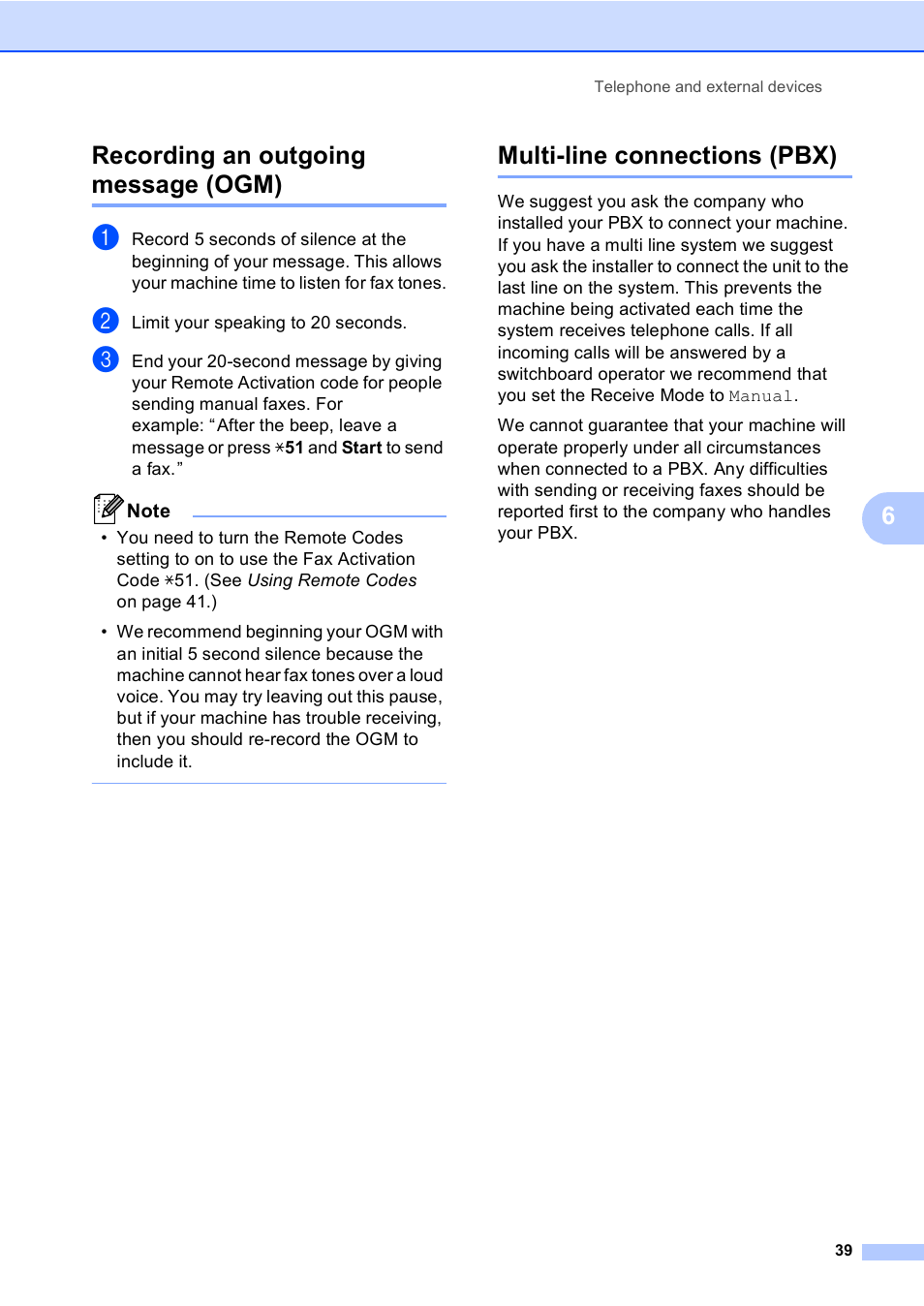 Recording an outgoing message (ogm), Multi-line connections (pbx), 6recording an outgoing message (ogm) | Brother MFC 9970CDW User Manual | Page 47 / 218